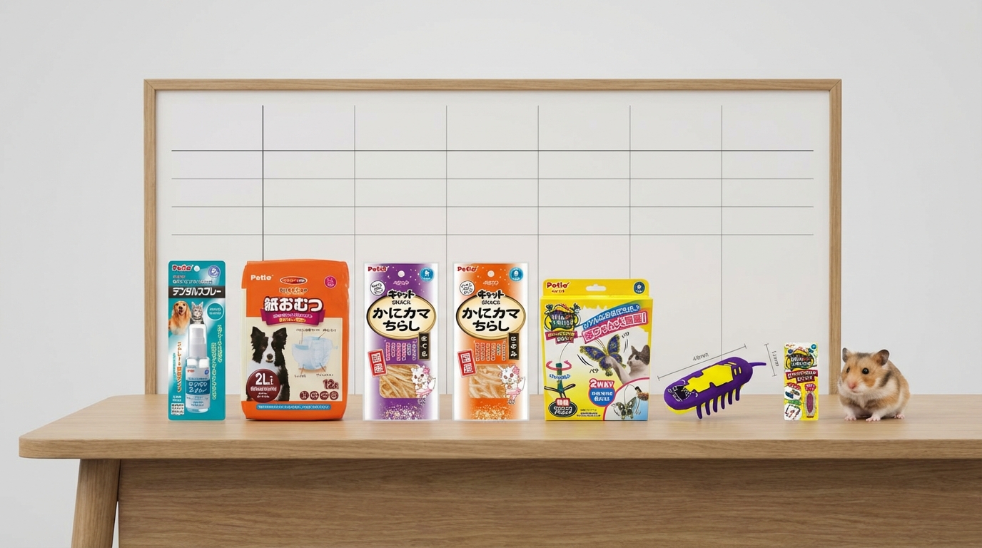 Petio 十款熱銷寵物產品依序排列在專業對比桌面上，呈現精準的大小規格與包裝細節。背景設有簡約比較表，搭配清晰照明與自然色調，側邊伴隨一隻小型寵物增加親和力，完整展示品牌標誌與產品實體感。