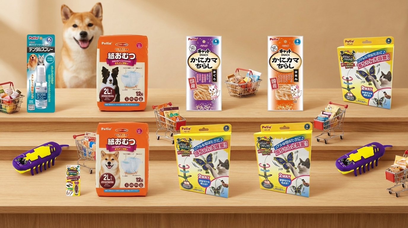 Petio 熱銷寵物食品平鋪於木質展架，搭配迷你購物車展現多元產品線。明亮光線下清晰呈現天然無添加包裝，背景伴隨愉悅寵物，營造溫馨健康的購物場景與高端品牌質感。