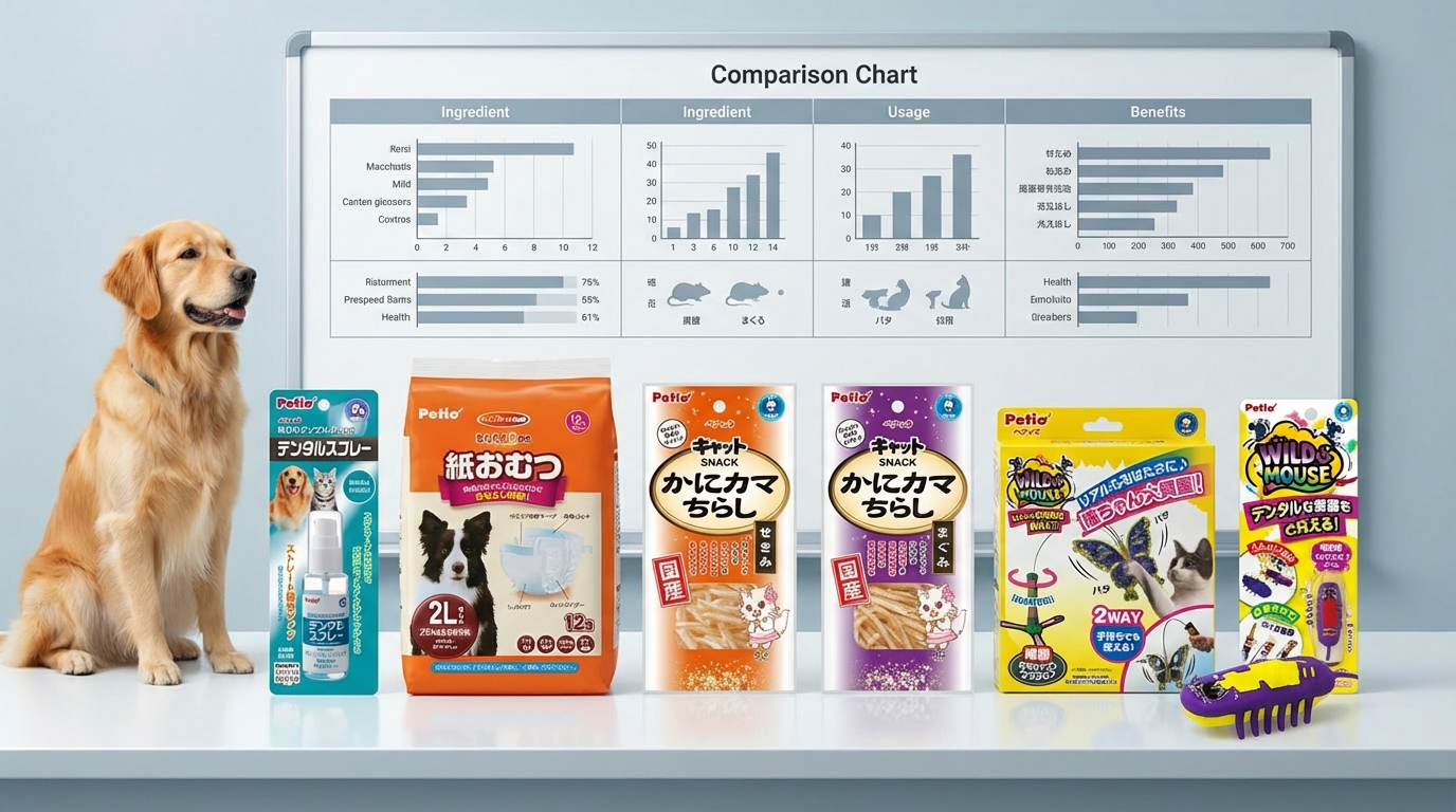 Petio 選購攻略對比圖展示多款天然無添加寵物食品，採用左右並排構圖與比較表背景。畫面中健康寵物在旁靜候，清晰呈現產品包裝與標籤，營造專業嚴謹的科學評測氛圍，協助消費者做出明智選擇。