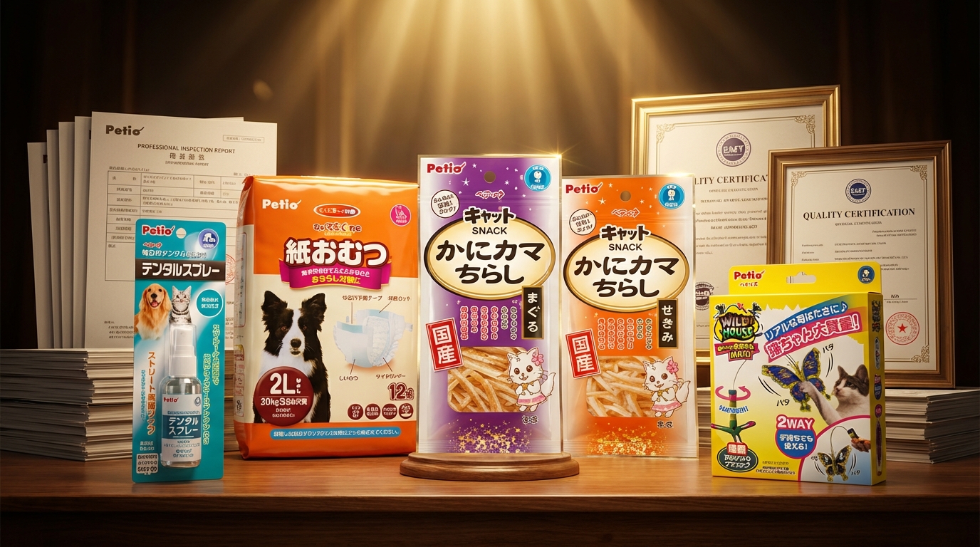 Petio 熱銷寵物食品錯落擺放於金色榮譽陳列區，背景襯托專業檢驗報告。溫暖光影灑在精緻包裝與品質標章上，突顯品牌天然無添加的嚴謹工藝與頂級信譽。