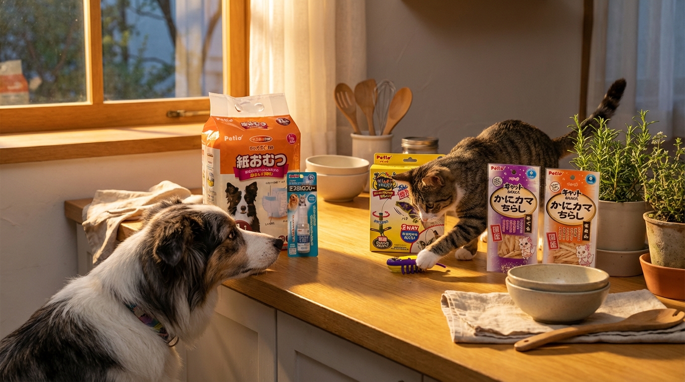 溫馨廚房的黃昏陽光灑在木質檯面，Petio 產品包裝清晰可見。寵物正準備享用產品，生動的側面抓拍捕捉了居家互動瞬間，展現產品在日常生活中的真實質感與溫暖氛圍。