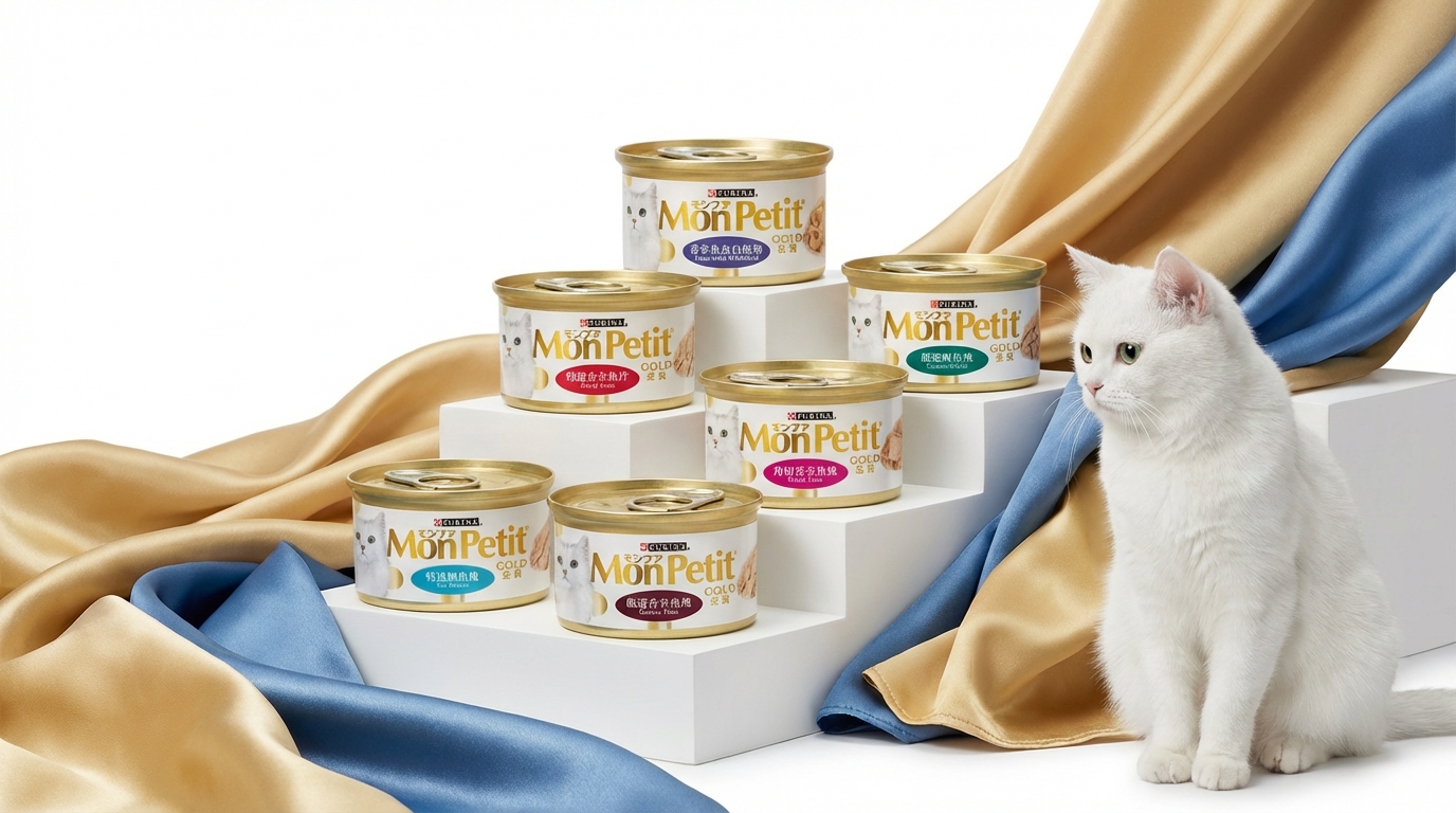 MonPetit 十款熱銷產品於極簡白色階梯優雅陳列，搭配品牌色絲綢布料與專業打光，展現精緻包裝質感。側邊寵物點綴營造溫馨高端氛圍，完美呈現品牌旗艦形象與深厚的工藝傳承。