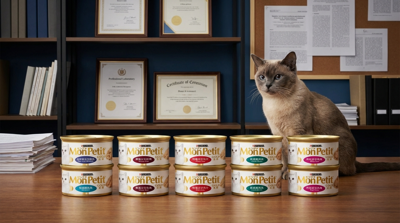 MonPetit 現代研究室中陳列專業證書，十款熱銷產品在燈光下整齊排列。一隻毛色亮麗的貓咪在旁靜候，完美融合科學嚴謹與溫馨感，展現品牌對專業研發與品質的追求。
