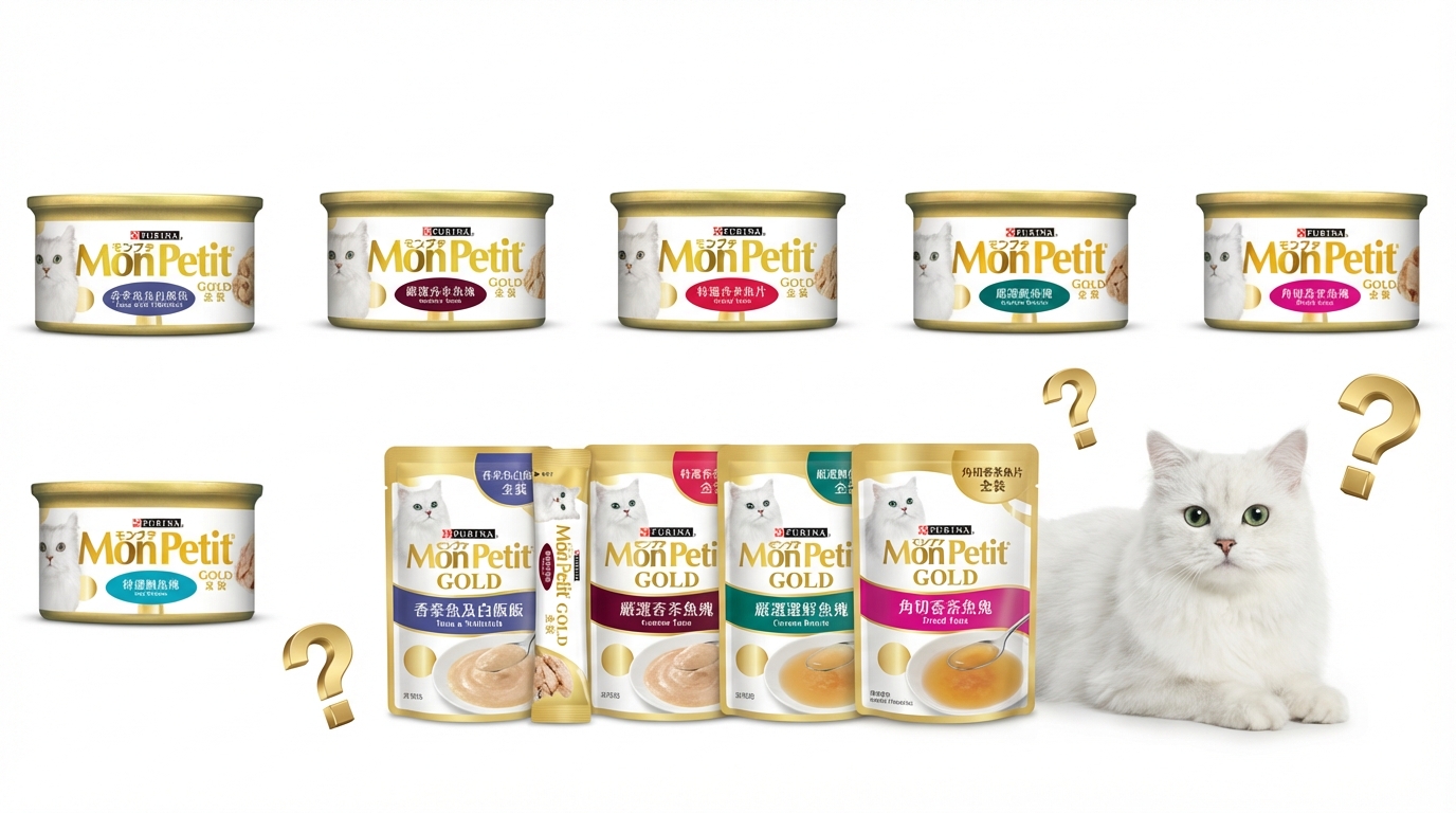 MonPetit 金裝罐頭、肉泥與湯包在純白工作室整齊排列，搭配眼神溫和的貓咪與質感問號裝飾。明亮均勻的光線展現專業權威感，營造出值得信賴的產品諮詢與安心解答氛圍。