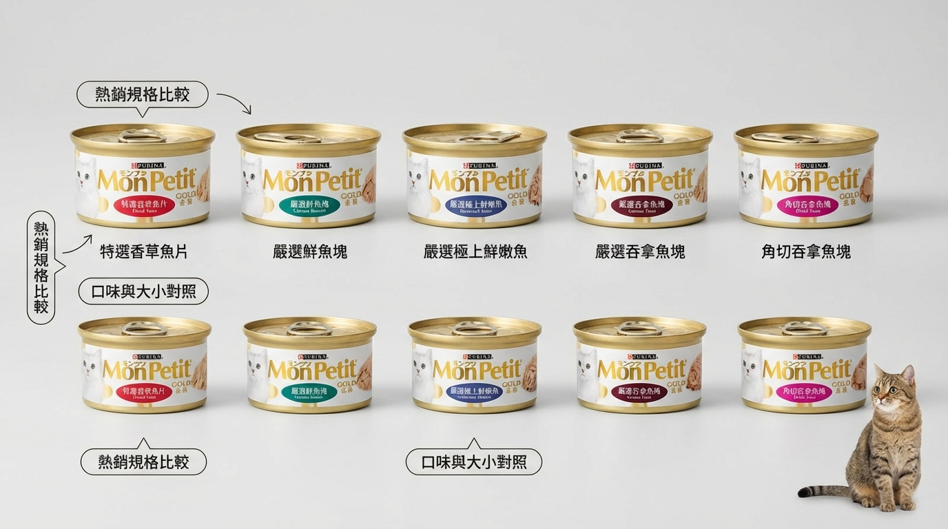 MonPetit 前十款熱銷產品包裝於簡約背景整齊並排，透過微俯視角度與專業標註箭頭展示規格差異，角落有一隻神態自然的小貓，清晰呈現原始包裝標籤與細節供消費者對照選擇。