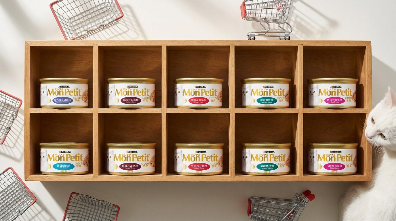 在通透日光下，MonPetit 十件核心產品整齊擺放在木質分類櫃，搭配迷你購物籃與優雅貓咪營造便利氛圍，清晰展示品牌多元產品線與精緻包裝細節。
