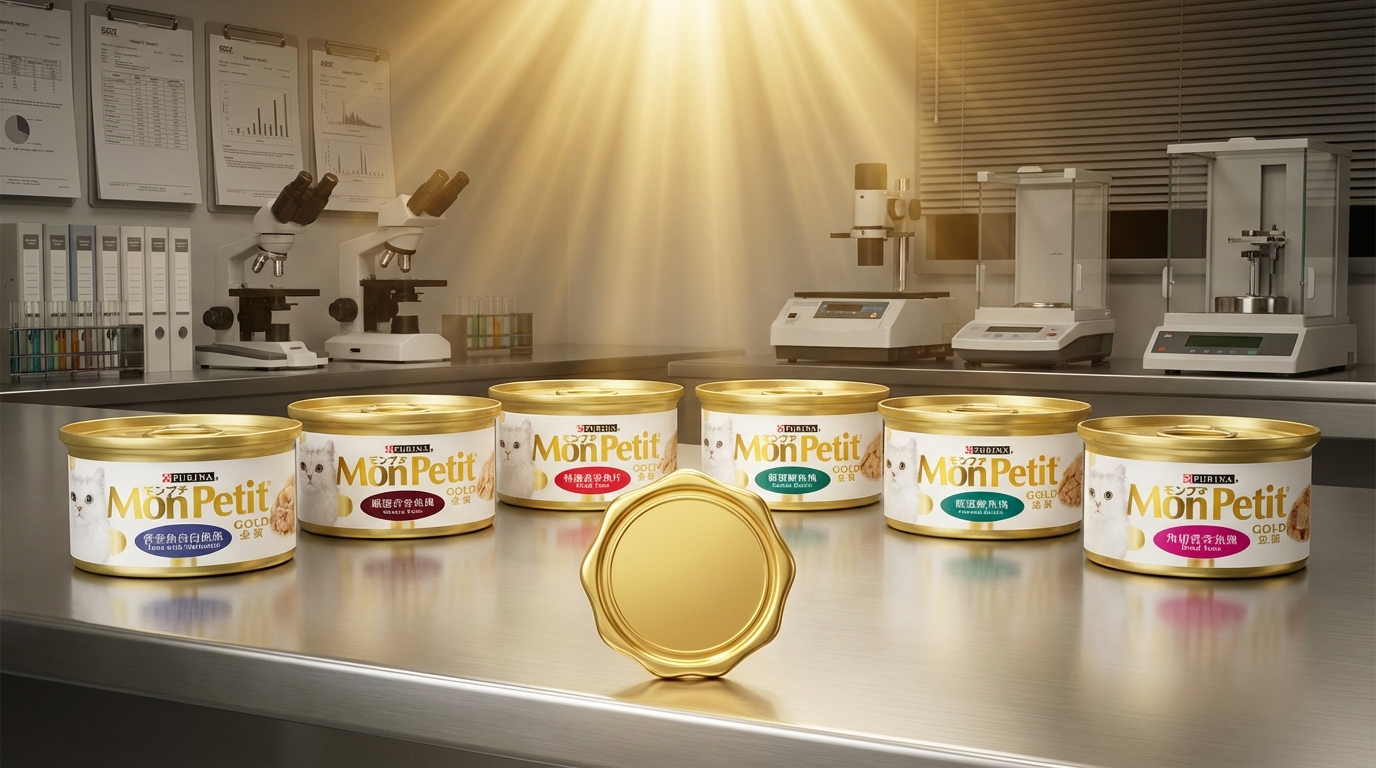 MonPetit 產品包裝置於專業檢驗實驗室，背景陳列精密報告，莊重金光灑落在立體品質標章上。畫面強調品牌對天然無添加食材的堅持，展現出專業高端的品質保證與認證質感。