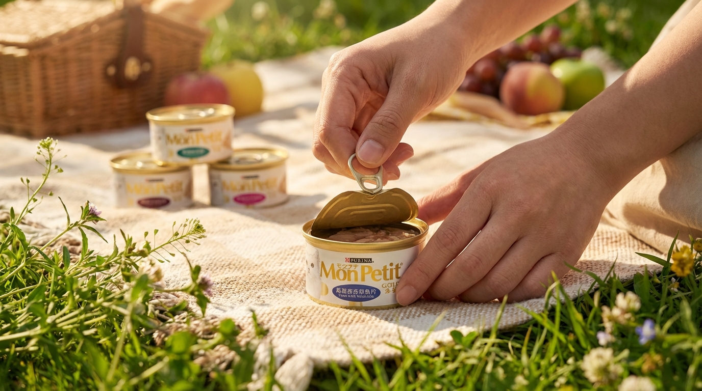 陽光灑落在戶外野餐草地，一雙手正細心操作 MonPetit 產品。背景點綴著綠草與野餐墊，柔和光線映照出完整的產品包裝與品牌標誌，展現真實的使用動態，營造出質感且輕鬆自然的氛圍。