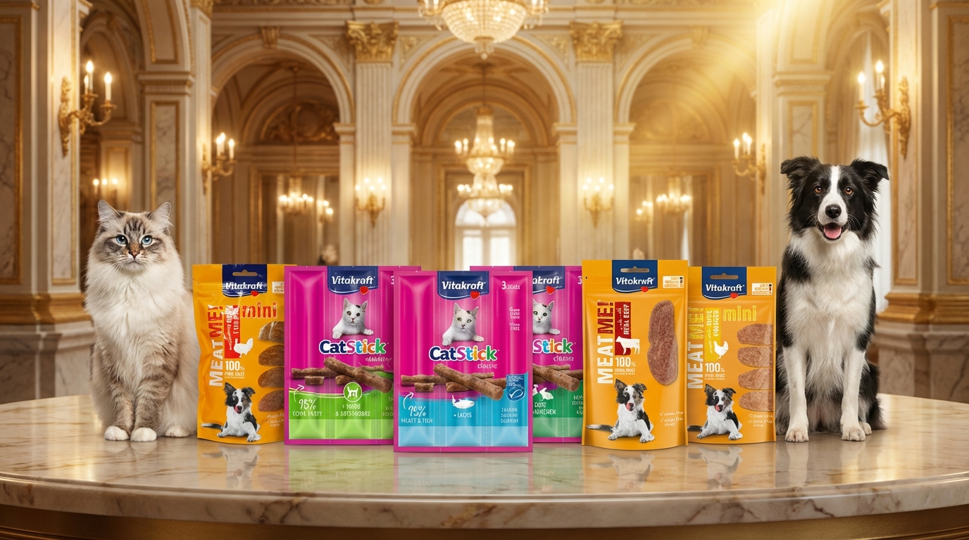 Vitakraft 專業營養產品優雅陳列於奢華酒店的大理石檯面，璀璨金光灑落於精緻包裝。畫面伴隨姿態優雅的寵物與歐式建築背景，展現品牌深厚傳承的高端質感與守護毛孩健康的專業形象。