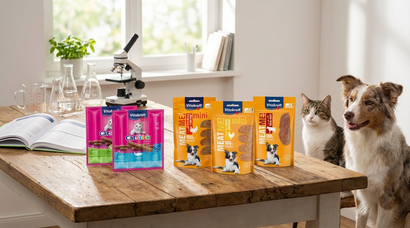 陽光灑落在專業營養工作室，木桌陳列 Vitakraft 熱銷產品、顯微鏡與研究手冊，搭配身旁平靜健康的寵物，展現品牌結合科學與專業營養的權威感，守護毛孩健康。