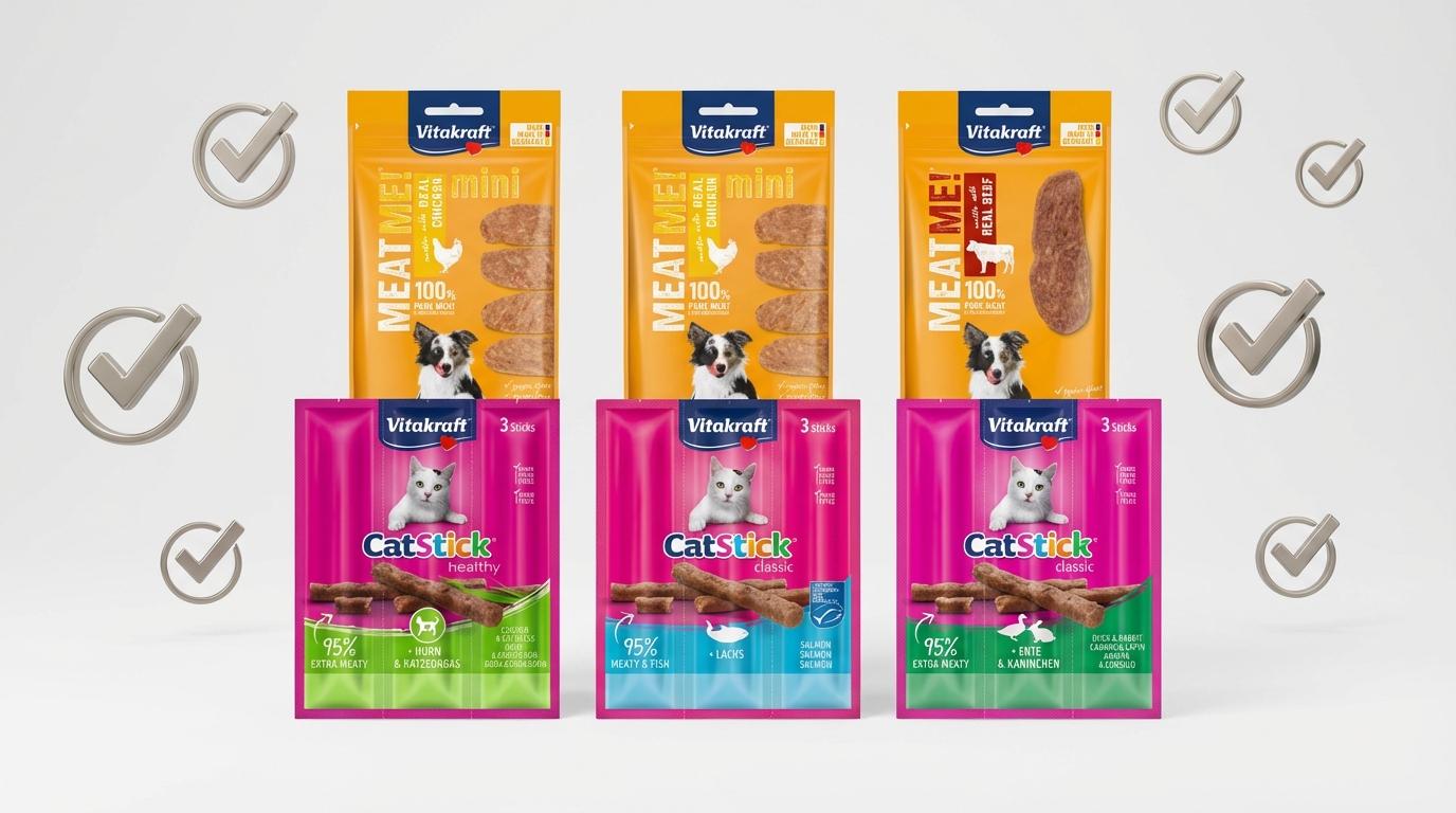 Vitakraft 熱銷貓狗肉條零食整齊陳列於簡約專業場景，中央聚焦展現細節。明亮色調搭配立體勾選圖示，傳遞品質保證與安心感，體現品牌守護毛孩健康的嚴謹態度。