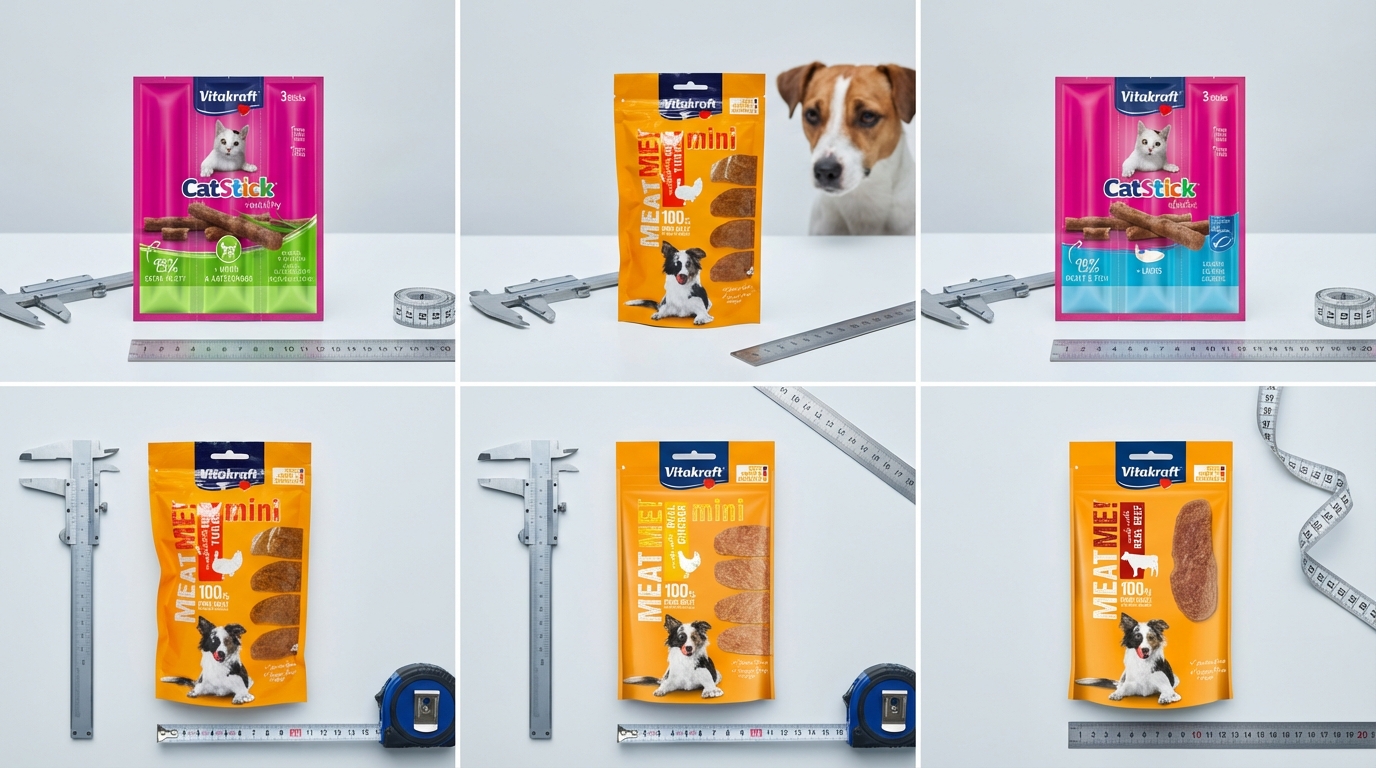 Vitakraft 多款寵物食品在專業對照區域呈現，搭配科學測量工具與嚴謹的比較表佈局。背景中神情專注的寵物增添親和力，清晰照明精確展示產品包裝細節，協助飼主進行理性的選購分析。