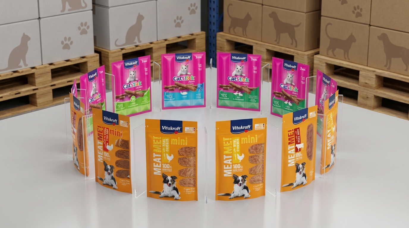 Vitakraft 專業寵物產品以環形陳列於明亮倉儲空間，十款熱銷營養方案整齊排列。俯視視角呈現清晰包裝與標誌，背景融入淡雅寵物意象，展現守護毛孩健康的多元化專業選擇。