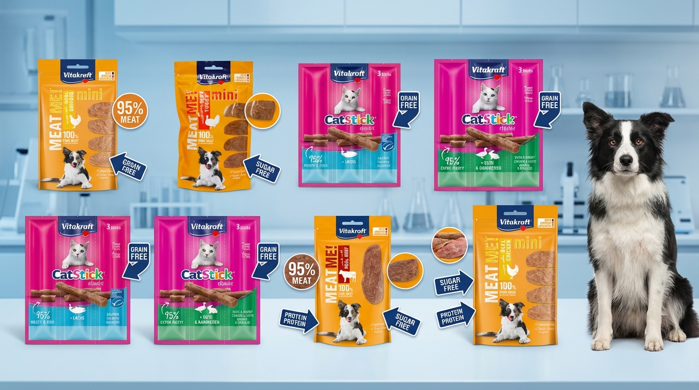Vitakraft 專業選購攻略對比圖，在簡約實驗室場景整齊展示十款產品包裝，並以標註箭頭強調細節。畫面邊緣有健康寵物注視，展示品牌專業多元化的毛孩營養方案。