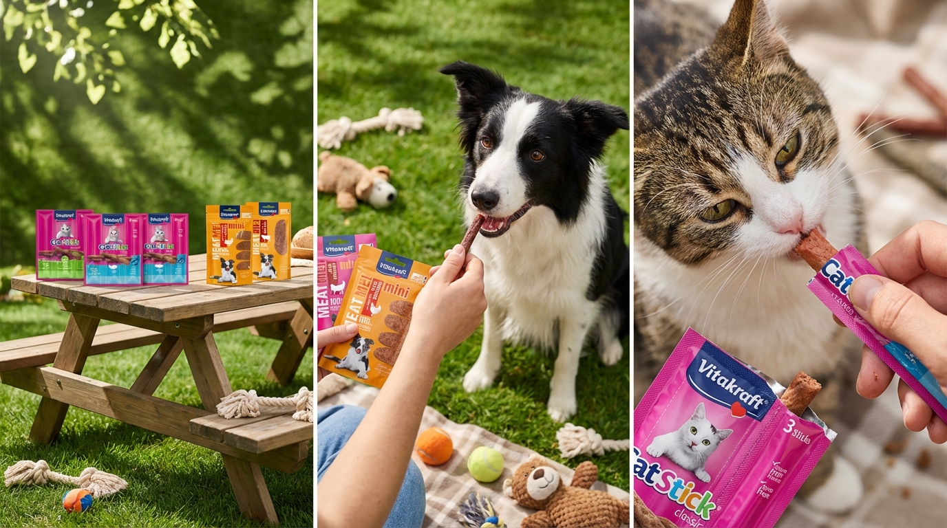 Vitakraft 產品在陽光灑落的戶外草地進行野餐餵食，特寫近距離餵食細節並點綴質感寵物玩具，展現自然生活化的產品應用場景，完整呈現品牌標籤與專業包裝。