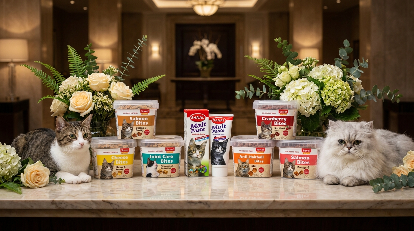 奢華酒店大廳中，Sanal 十款熱銷產品對稱排列於大理石檯面，專業光影展現包裝的高端質感。四周點綴花卉綠植與姿態自然的寵物，烘托出品牌精湛工藝與優雅氛圍。