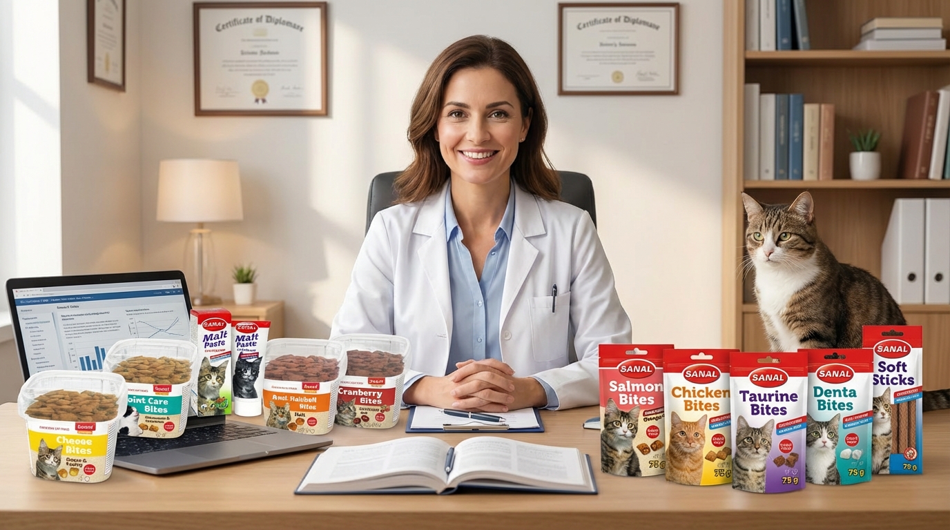 在明亮諮詢室中，親切專家桌上擺放十款 Sanal 熱銷產品，品牌標誌清晰可見。搭配筆記型電腦、手冊與一隻健康寵物，透過柔和照明營造專業權威氛圍，展現值得信賴的專業建議。