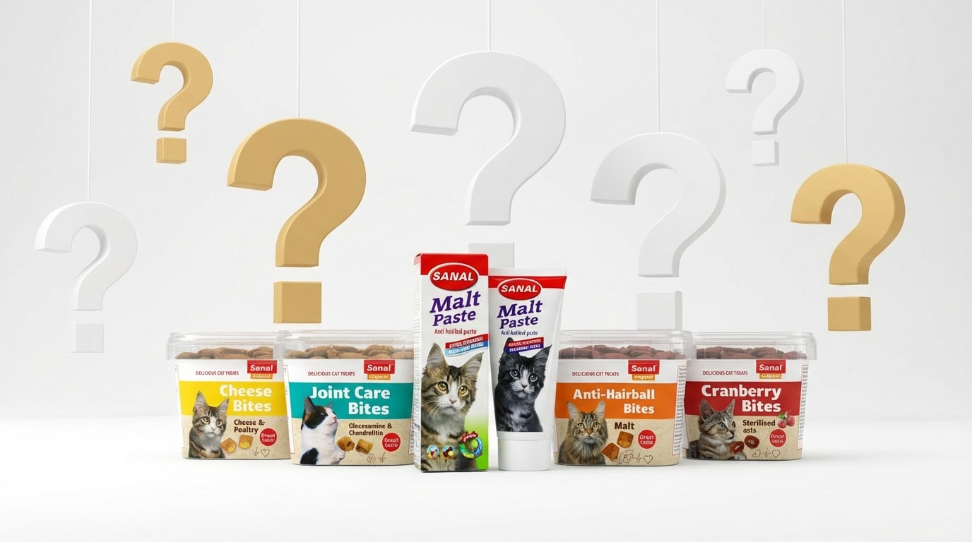 Sanal 熱銷功能性零食與去毛球膏陳列於純白極簡空間，搭配立體問號裝飾營造專業感。仰視構圖展現品牌權威，柔和光線映照清晰的產品包裝與標誌，傳遞值得信賴的寵物健康照護解答。