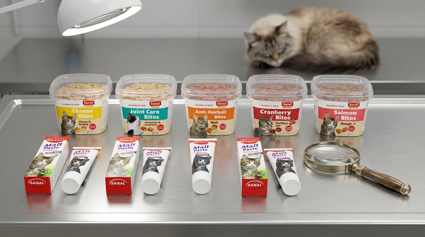 Sanal 品牌與多款熱銷產品在實驗室桌面上整齊排列，透過微俯視角度清晰對比規格細節。畫面配有精緻放大鏡營造專業評測感，背景中安靜的寵物增添親和力，幫助消費者精確選擇合適產品。