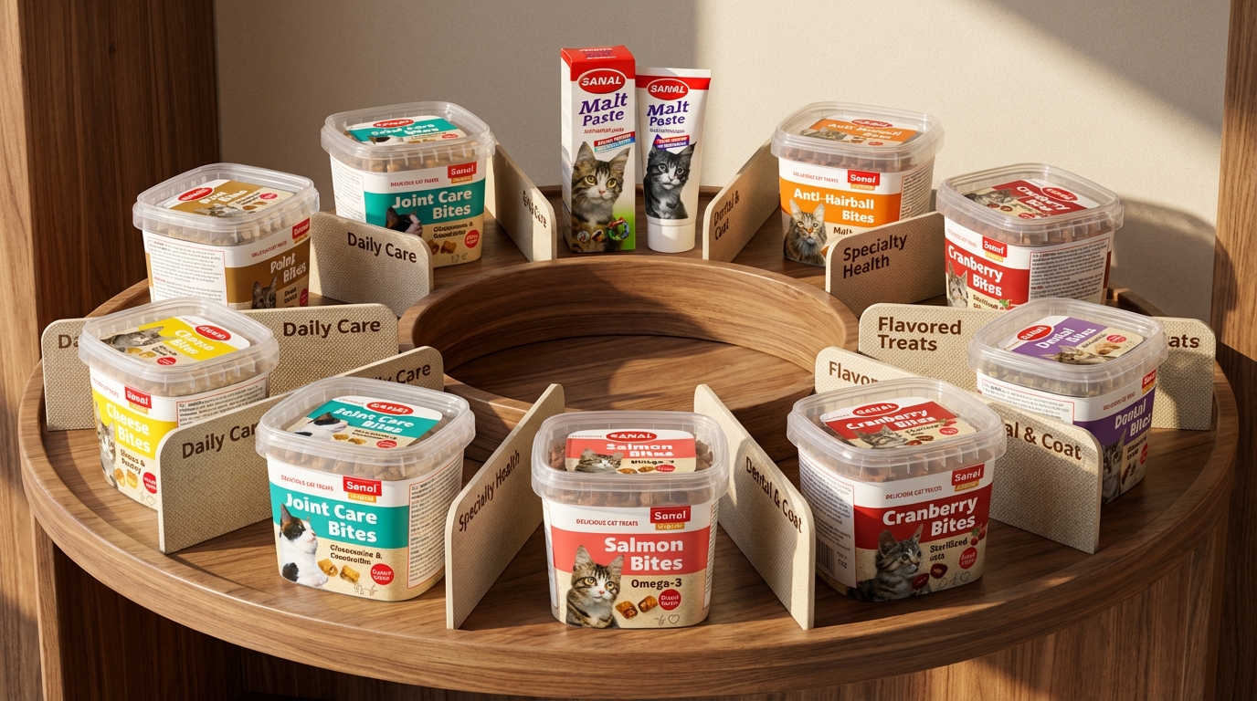 Sanal 多元產品線陳列於精緻木質展架，自然陽光營造明亮質感。十件熱銷產品以環形構圖搭配分隔板有序劃分，全景展現清晰的包裝細節與品牌標誌，呈現專業且豐富的系列層次感。