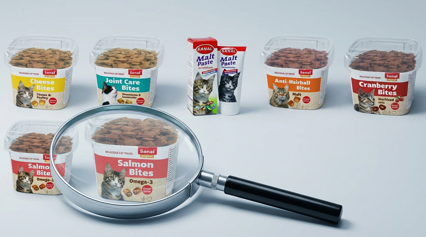 Sanal 選購攻略將十款產品整齊排列於冷色調專業環境，前景放大鏡聚焦包裝細節。學術風格燈光與橫向構圖營造嚴謹氛圍，協助消費者透過產品標籤的理性分析，做出明智的購買選擇。