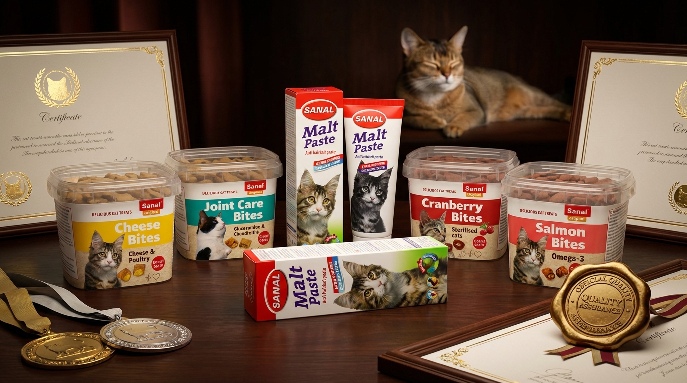 Sanal 產品包裝置於莊重獎項陳列區，環繞金屬獎牌與燙金證書，並以質感官方印章強調品質。深沉光影聚焦包裝細節，背景伴隨健康寵物，展現品牌專業認證與頂級質感。