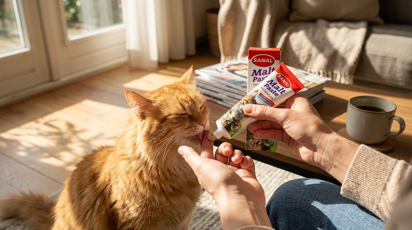 陽光灑落溫馨室內，雙手拿著 Sanal 產品與寵物親密互動。第一人稱視角呈現生活美感，背景點綴咖啡與雜誌，清晰展示 Sanal 完整包裝與標誌，體現產品在居家空間中的實際應用。