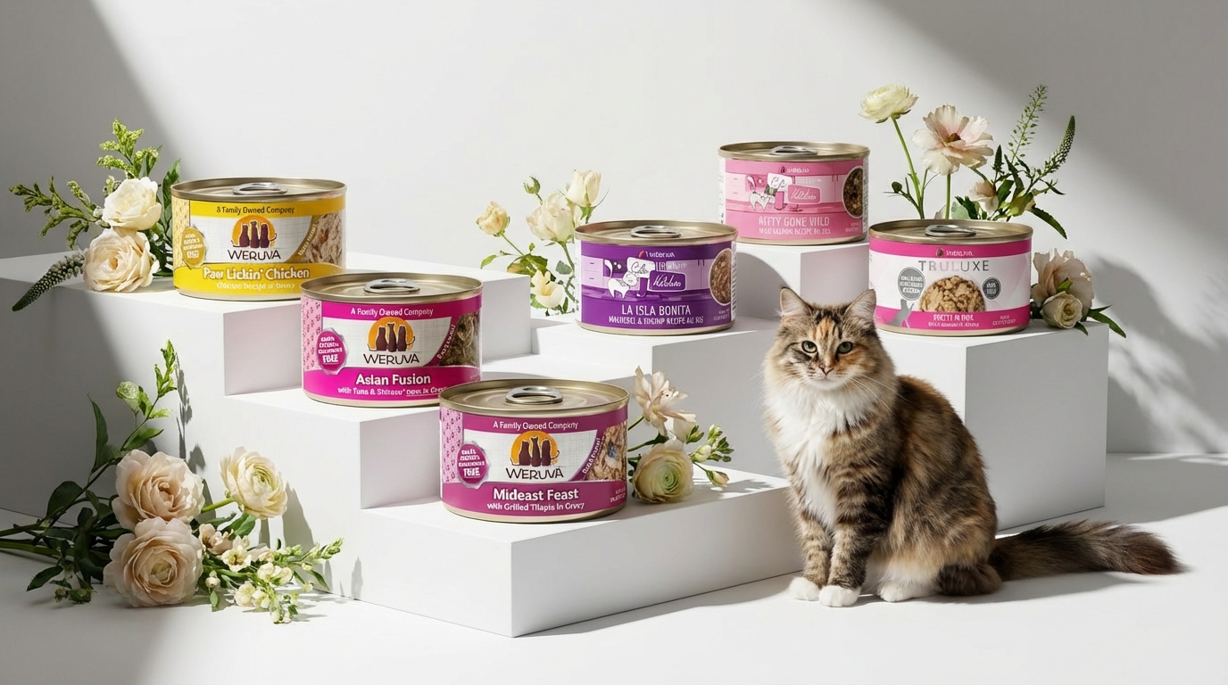 WeRuVa 旗艦形象展示，純白棚內十款產品呈階梯狀排列，搭配戲劇性側光營造高端質感。四周點綴清新花草展現天然健康，一隻優雅貓咪靜待在側，呈現專業且溫馨的品牌氛圍。