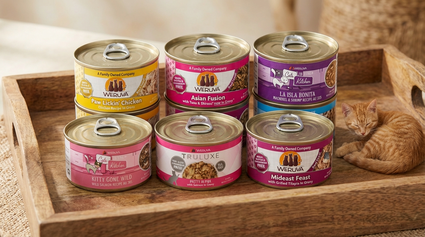 WeRuVa 寵物食品包裝放置於簡約木質托盤，柔和自然光展現產品細膩質感。微俯視角度清晰呈現品牌標誌與標籤，側邊有寵物安靜陪伴，營造出高品質且溫馨的視覺氛圍。