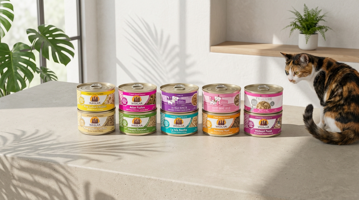 WeRuVa 十款熱銷產品整齊排列於簡約淺色檯面，伴隨柔和自然光與綠植葉影。側邊靈動貓咪與清晰的產品包裝相互映襯，完整呈現品牌標誌與標籤細節，營造質感專業的展示氛圍。