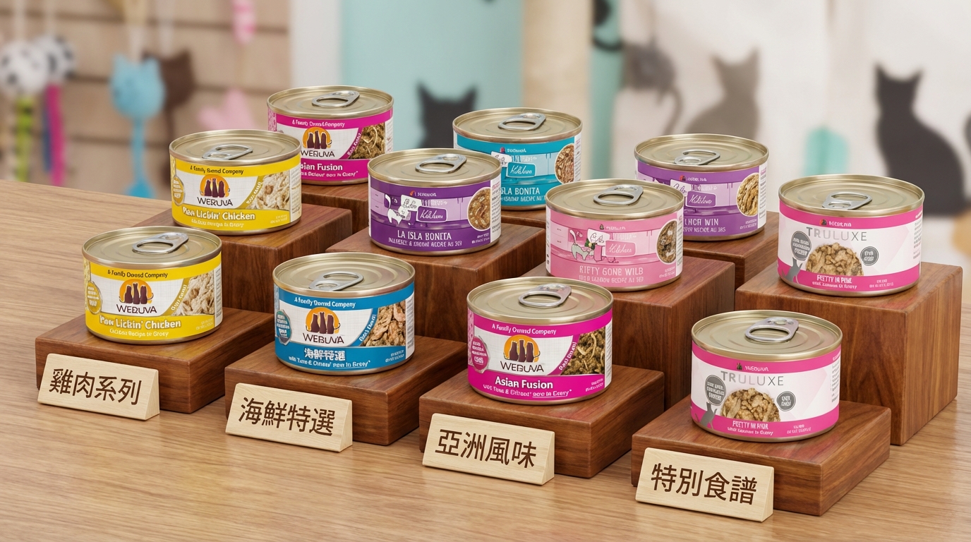 WeRuVa 產品分類導覽圖，在精緻木質展架上階梯式陳列十款核心產品，搭配簡約標籤牌與明亮商業燈光，背景融入溫馨寵物意象，展現品牌真實包裝與豐富多元的產品選擇。