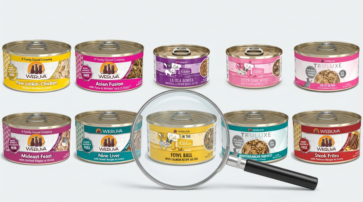 WeRuVa 十款熱銷產品於簡約展板前整齊陳列，高亮度燈光突顯包裝細節。前方放置放大鏡營造分析氛圍，橫向構圖完整展示標籤與顏色，方便消費者在專業背景下對比選購。