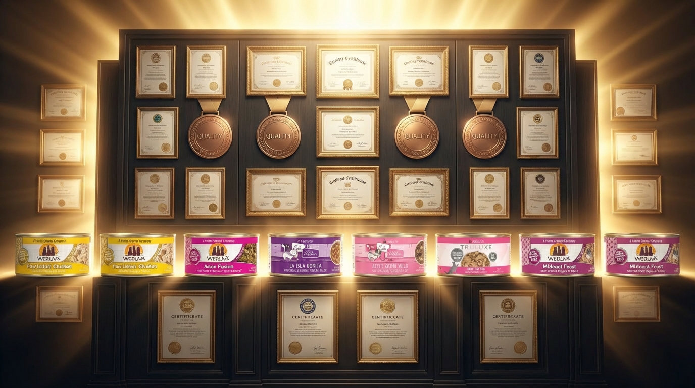 WeRuVa 十款熱銷產品排列於莊重金光背景前，四周環繞精緻品質獎牌與證書框架。深色專業展示牆烘托出品牌的權威感，生動展現出值得信賴的專業認證與卓越品質保證。
