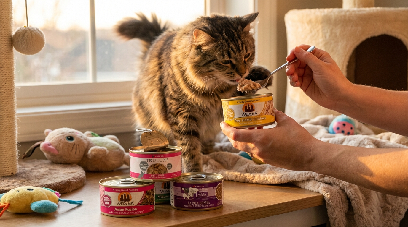 在黃昏暖光下的居家寵物遊戲區，飼主正與寵物互動餵食。場景展示 WeRuVa 產品原始包裝與細節，搭配周邊精緻玩具，傳達出產品在日常生活中真實且溫馨的使用體驗。